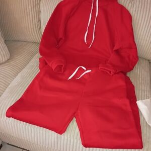Red Hoodie and Sweatpants Set with White Drawstrings New.